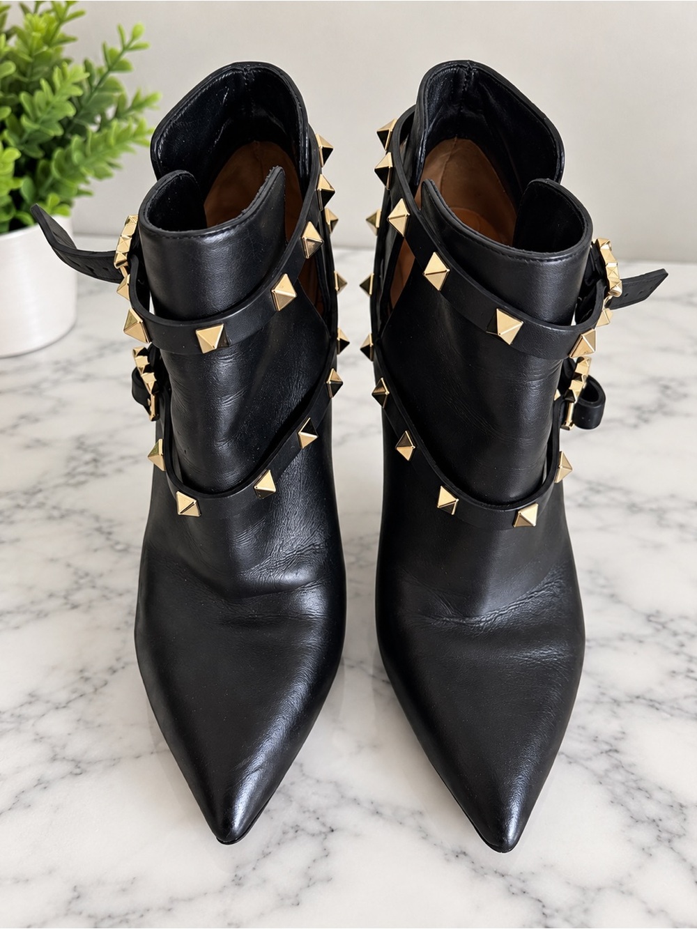 Valentino Garavani Black Leather Studded Pointed Ankle Boots